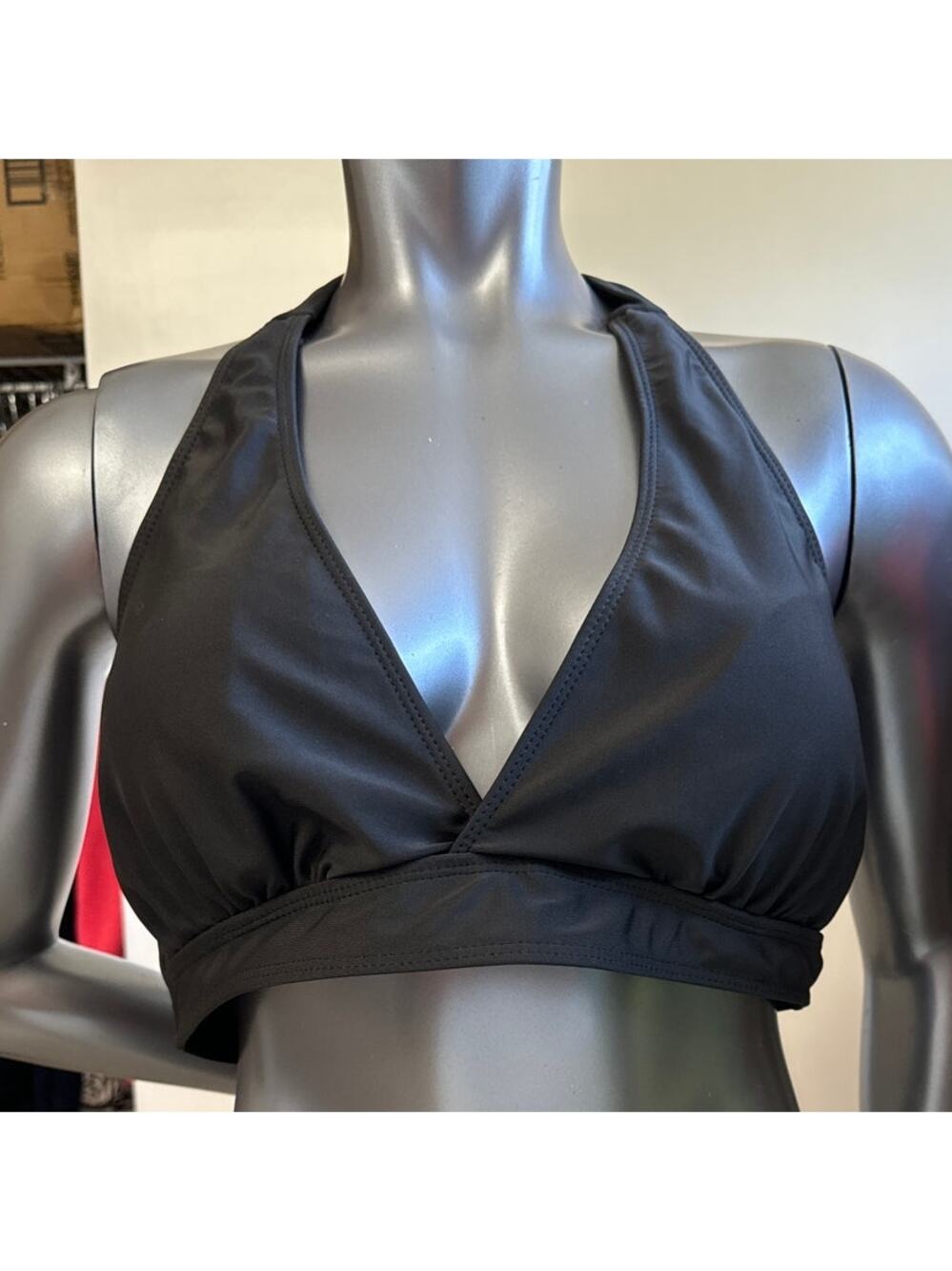 Large Black Halter Bathing Suit Top, Ties at Neck, Removable Pads